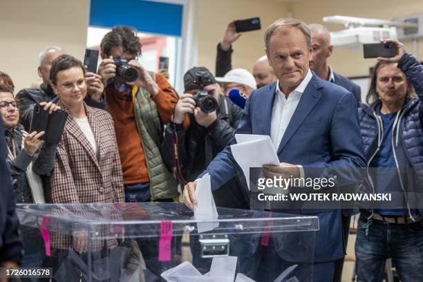 Donald Tusk, leader of the main opposition party Civic Coalition casts the ballot at a polling station in Warsaw during the parliamentary elections...