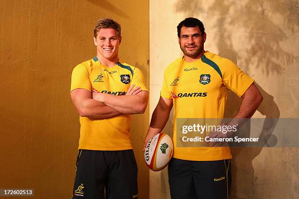 Michael Hooper and George Smith of the Wallabies pose prior to an Australian Wallabies media session at the Shangri la Hotel on July 4, 2013 in...