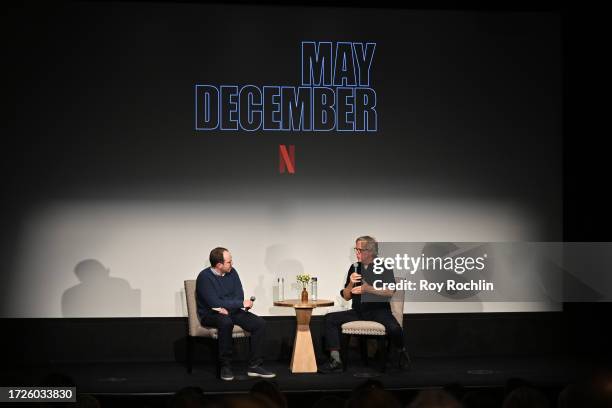 Ari Aster and Todd Haynes speak on stage during Netflix's 'May December' NYC Tastemaker Screening at Crosby Street Hotel on September 30, 2023 in New...