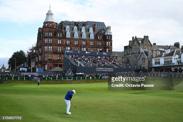 Matt Fitzpatrick of England plays his second shot on the 18th hole during Round Three on Day Five of the Alfred Dunhill Links Championship at the Old...