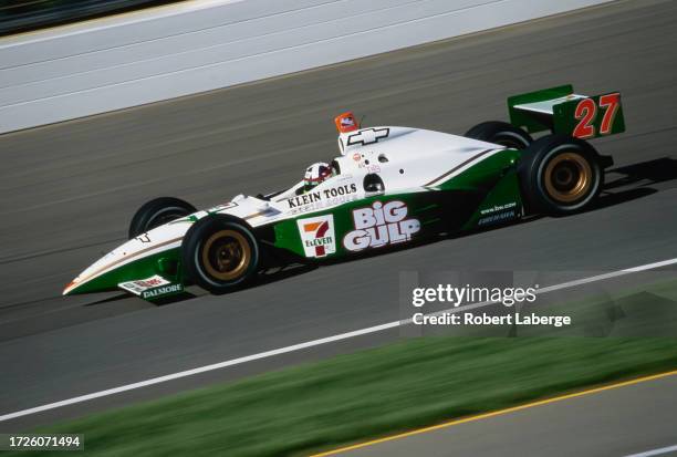 Dario Franchitti from Scotland drives the Team Green Dallara IR-02 Chevrolet V8 during practice for the 2002 Indy Racing League Northern Lights...