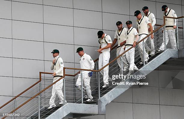 Michael Clarke of Australia leads his team onto the field during day three of the Tour Match between Worcestershire and Australia at New Road on July...