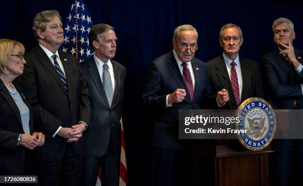 Senate Majority Leader Sen. Chuck Schumer speaks at a news conference with Sen. Maggie Hassan , Sen. John Kennedy , U.S. Ambassador to China Nicholas...