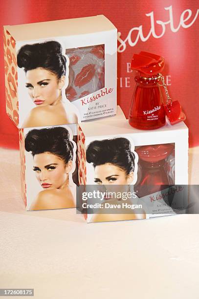 The packaging is photographed as Katie Price launches her new fragrance 'Kissable' at The Work Studios on July 4, 2013 in London, England.