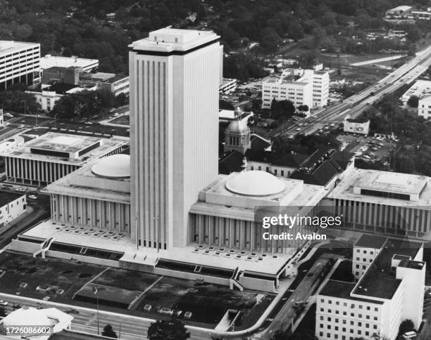 High-angle view of the Florida State Capitol flanked by the House Chamber and the Senate Chamber, at the intersection of Apalachee Parkway and South...