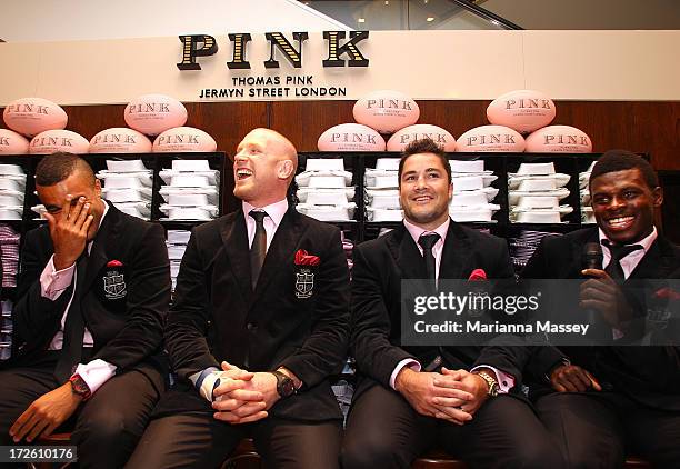 British and Irish Lions player Simon Zebo, Paul O'Connell, Brad Barritt and Christian Wade speak to the crowd during the David Jones Thomas Pink...
