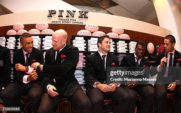 British and Irish Lions player Simon Zebo, Paul O'Connell, Brad Barritt , Christian Wade and Sean Maitland speak to the crowd during the David Jones...