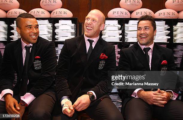 British and Irish Lions players Simon Zebo, Paul O'Connell and Brad Barritt speak to the crowd during the David Jones Thomas Pink Event on July 4,...