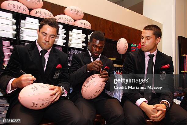 British and Irish Lions player Brad Barritt, Christian Wade and Sean Maitland during the David Jones Thomas Pink Event on July 4, 2013 in Sydney,...