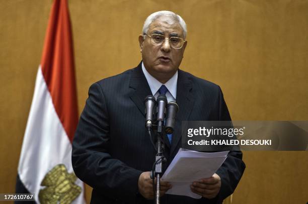 Egypt's chief justice Adly Mansour delivers a speech during his swearing-in ceremony as the country's interim president in the Supreme Constitutional...