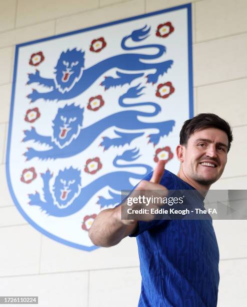 Harry Maguire of England arrives at St George's Park on October 09, 2023 in Burton upon Trent, England.