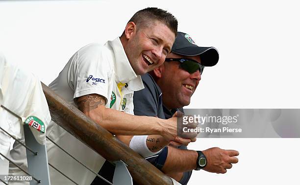 Michael Clarke of Australia and Darren Lehmann, coach of Australia, look on during day three of the Tour Match between Worcestershire and Australia...