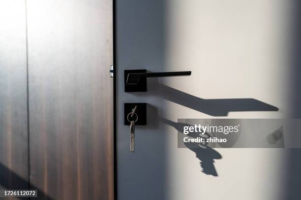 sunlight illuminates doorknobs and keys - doorknob stock pictures, royalty-free photos & images