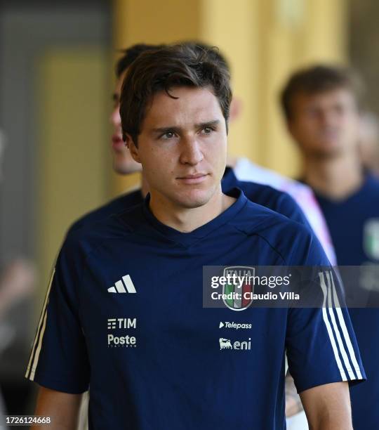 Federico Chiesa of Italy arrives before Italy training session at Centro Tecnico Federale di Coverciano on October 09, 2023 in Florence, Italy.