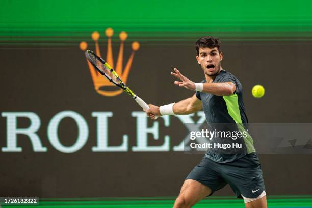 Carlos Alcaraz of Spain competes against Daniel Evans of Great Britain in their men's singles round of 32 match on Day 8 of the 2023 Shanghai Rolex...