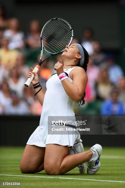 Marion Bartoli of France celebrates victory during the Ladies Singles semi final match against Kirsten Flipkens of Belgium on day ten of the...