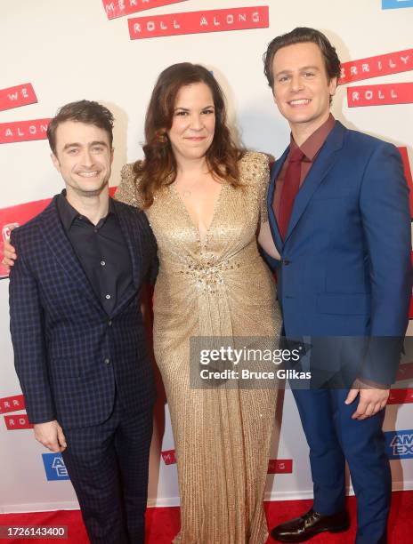 Daniel Radcliffe, Lindsay Mendez and Jonathan Groff pose at the opening night of Stephen Sondheim's "Merrily We Roll Along" on Broadway at The Hudson...