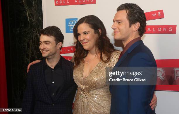 Daniel Radcliffe, Lindsay Mendez and Jonathan Groff pose at the opening night of "Stephen Sondheim's Merrily We Roll Along" on Broadway at The Hudson...