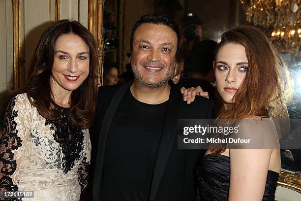 Elsa Zylberstein, Zuhair Murad and Kristen Stewart attend the Zuhair Murad show as part of Paris Fashion Week Haute-Couture Fall/Winter 2013-2014 at...