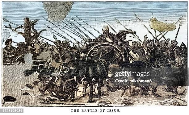 old engraved illustration of battle of issus - military parade stock pictures, royalty-free photos & images