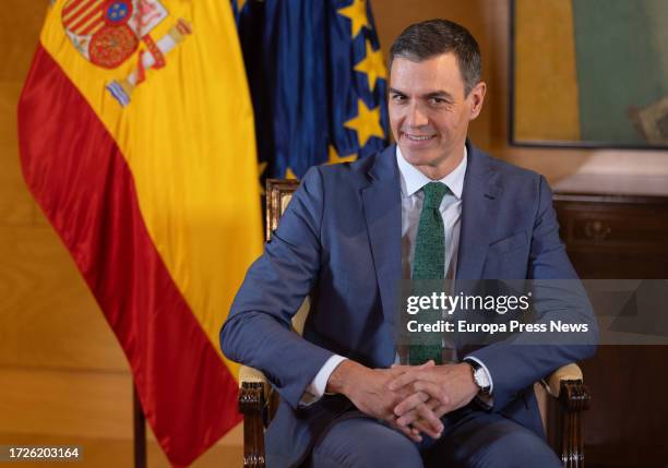 The Secretary General of the PSOE and acting President of the Government, Pedro Sanchez, during a meeting with the leader of the Partido Popular,...