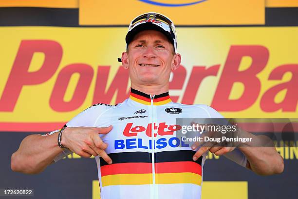 Andre Greipel of Germany riding for Lotto-Belisol celebrates on the podium after winning stage six of the 2013 Tour de France, a 176.5KM road stage...