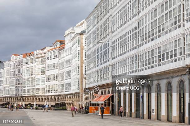 Glassed-in balconies typical of La Coruna known as gallerias on Avenida de Montoto. La Coruna, La Coruna Province, Galicia, Spain.