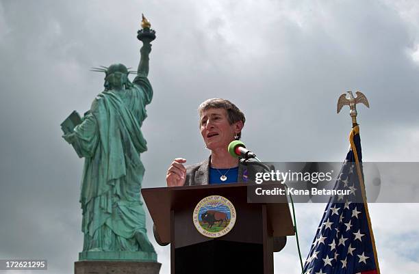 Secretary of the Interior Sally Jewell speaks during the reopening ceremony of the Statue of Liberty on the first day it is open to the public after...