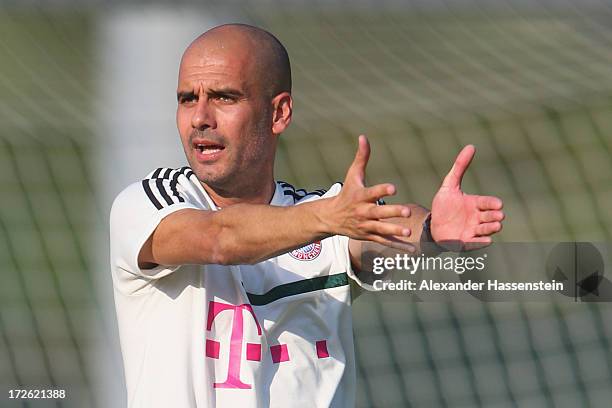 Josep Guardiola, head coach of FC Bayern Muenchen reacts during a training session at Campo Sportivo on July 4, 2013 in Arco, Italy.