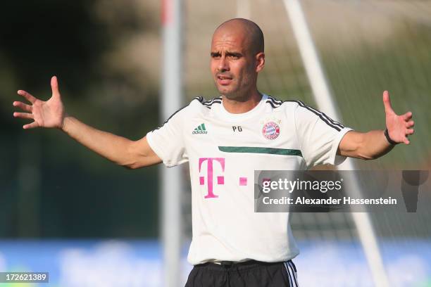 Josep Guardiola, head coach of FC Bayern Muenchen reacts during a training session at Campo Sportivo on July 4, 2013 in Arco, Italy.