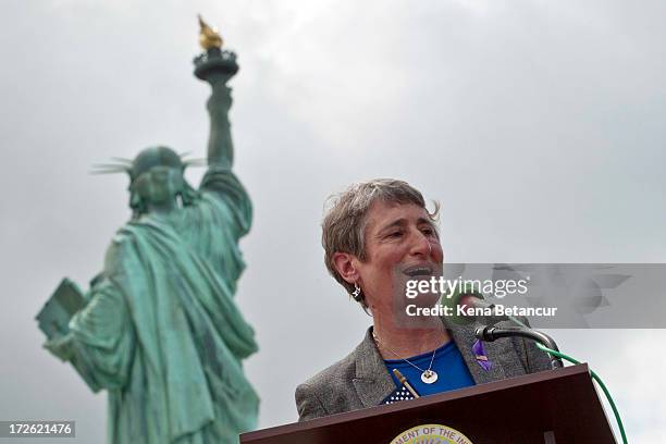 Secretary of the Interior Sally Jewell speaks during the reopening ceremony of the Statue of Liberty on the first day it is open to the public after...