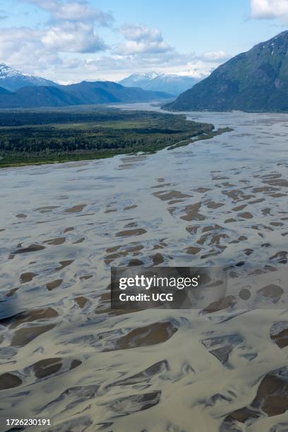 Aerial view of Chilkat river and gravel bars, Southeast Alaska.