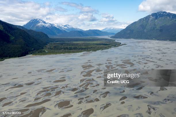 Aerial view of Chilkat river and gravel bars, Southeast Alaska.