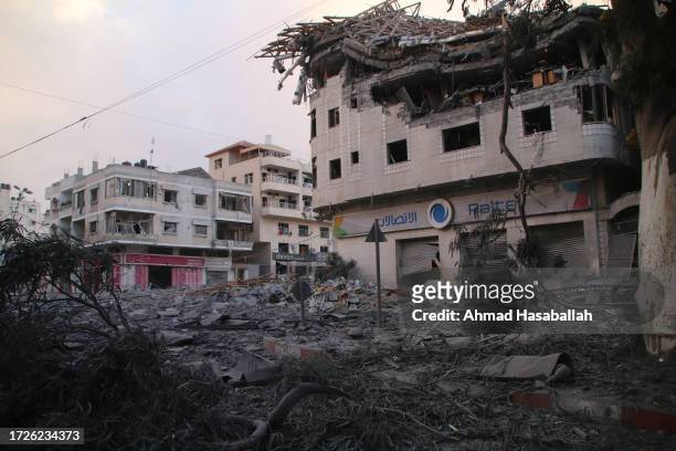 Gaza City, Gaza Damaged buildings as a result of Israeli air strikes on October 09, 2023 in Gaza City, Gaza. Almost 500 people have died in Gaza...
