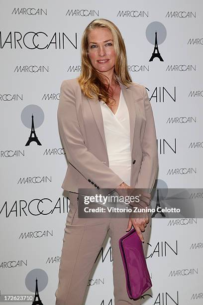 Tatjana Patitz attends the Marc Cain Photocall during the Mercedes-Benz Fashion Week Spring/Summer 2014 at the Hotel Adlon on July 4, 2013 in Berlin,...