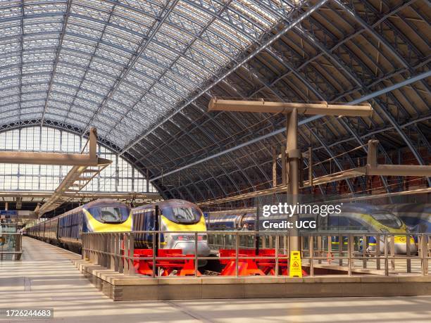 Eurostar trains on the platform at St Pancras International station, London, UK.