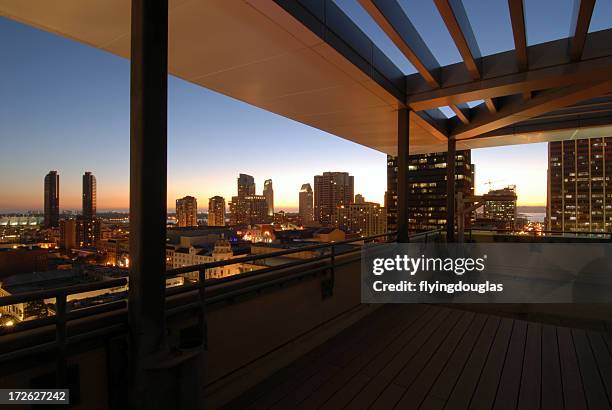 downtown view at sunset time from a balcony deck - downtown san diego stock pictures, royalty-free photos & images