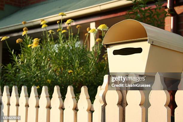 picket fence and mailbox - letter box stock pictures, royalty-free photos & images