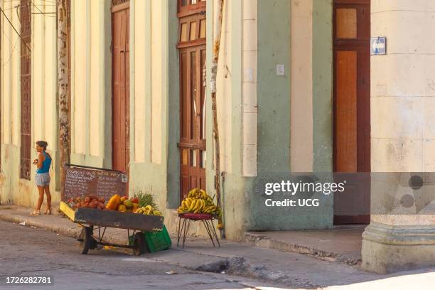 Havana, Cuba, A Cuban woman stands in a city sidewalk by a cart selling fruits and vegetables. The corner building is weathered.