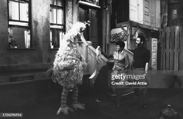 Puppeteer Caroll Spinney as 'Big Bird,' actress Loretta Long , and actor Matt Robinson during the taping of Sesame Street's very first season, taken...