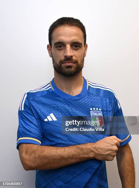 Giacomo Bonaventura of Italy poses during an Italy portrait session at Centro Tecnico Federale di Coverciano on October 09, 2023 in Florence, Italy.