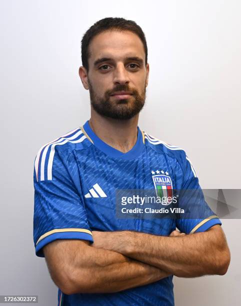 Giacomo Bonaventura of Italy poses during an Italy portrait session at Centro Tecnico Federale di Coverciano on October 09, 2023 in Florence, Italy.