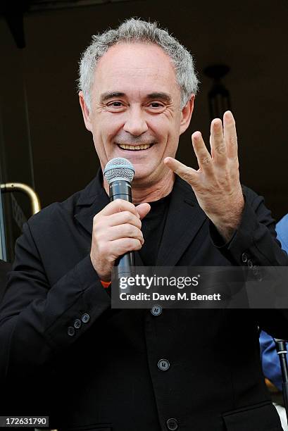 Ferran Adria speaks at the private view of 'elBulli: Ferran Adria and The Art of Food' at Somerset House on July 4, 2013 in London, England. The...