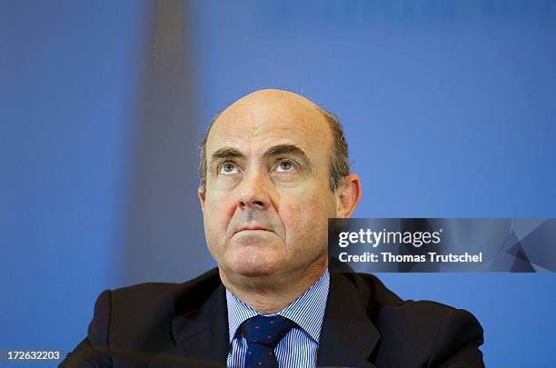 Luis de Guindos, Spain's economy minister is pictured during a press conference on July 04, 2013 in Berlin, Germany. German Finance Minister Wolfgang...