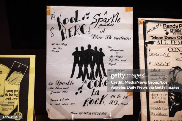 Los Angeles, CA Hip-hop pioneer DJ Kool Herc and emcee Coke La Rock flyer from 1975 is seen in Hip-Hop America: The Mixtape Exhibit at the Grammy...