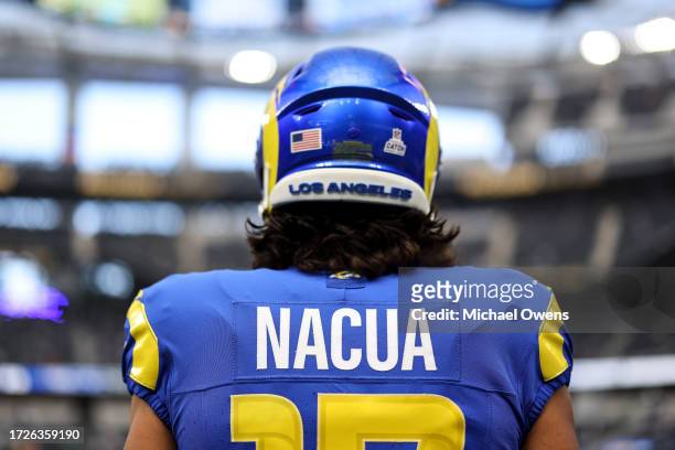 Puka Nacua of the Los Angeles Rams looks on prior to an NFL football game between the Los Angeles Rams and the Philadelphia Eagles at SoFi Stadium on...
