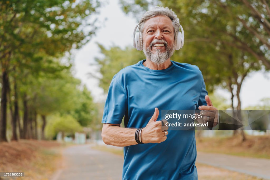 Senior man running for good health