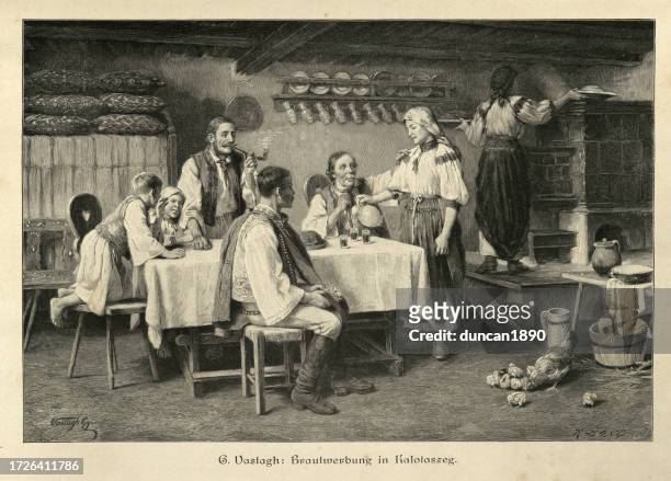 domestic scene, courtship in kalotaszeg (țara călatei) a region in transylvania, romania 19th century - romania traditional stock illustrations