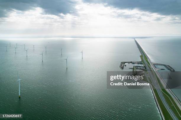 the afsluitdijk and wind turbines seen from the air - wadden sea stock pictures, royalty-free photos & images