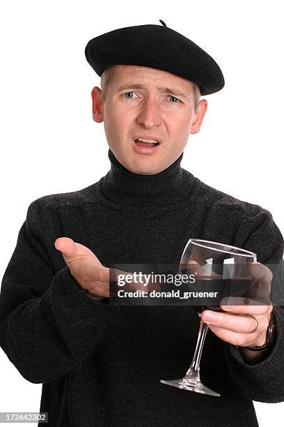 wine snob wearing beret and gesturing with wine glass - bereit stock pictures, royalty-free photos & images